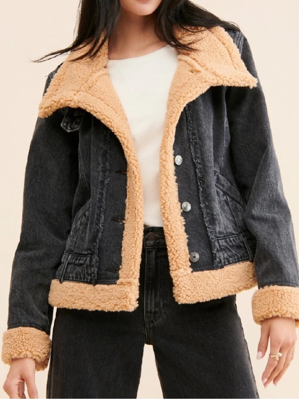 WE THE FREE Jacket L Rylee Cozy Moto Sherpa Faux Fur Trim Denim Button Up Black